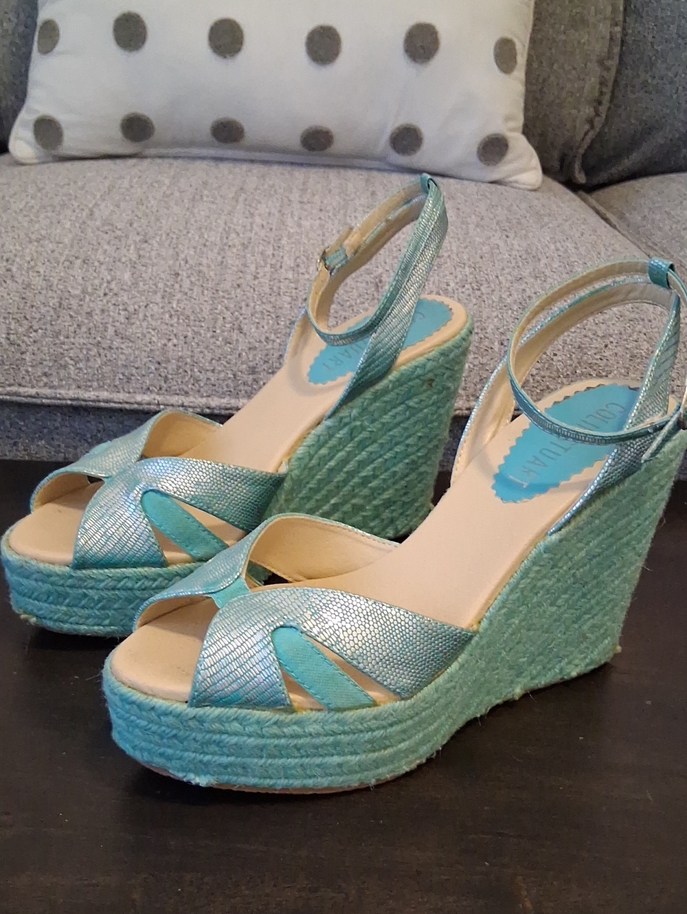 Colin Stuart Teal Aqua Metallic Wedge Espadrille Sandals